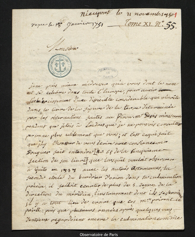 Lettre de John Holdey à Joseph-Nicolas Delisle, Nieuport, 11 novembre 1750