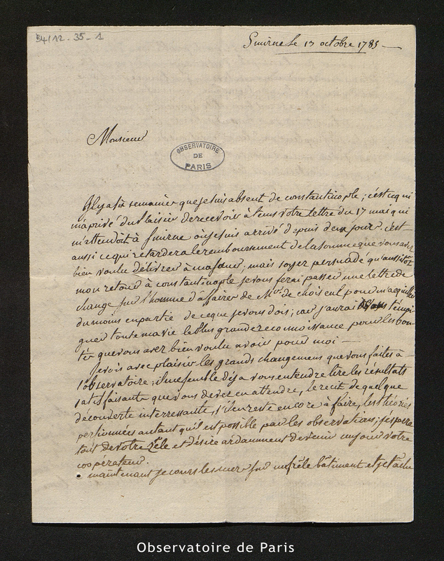 Lettre de Tondu à Cassini IV, Smirne le 13 octobre 1785