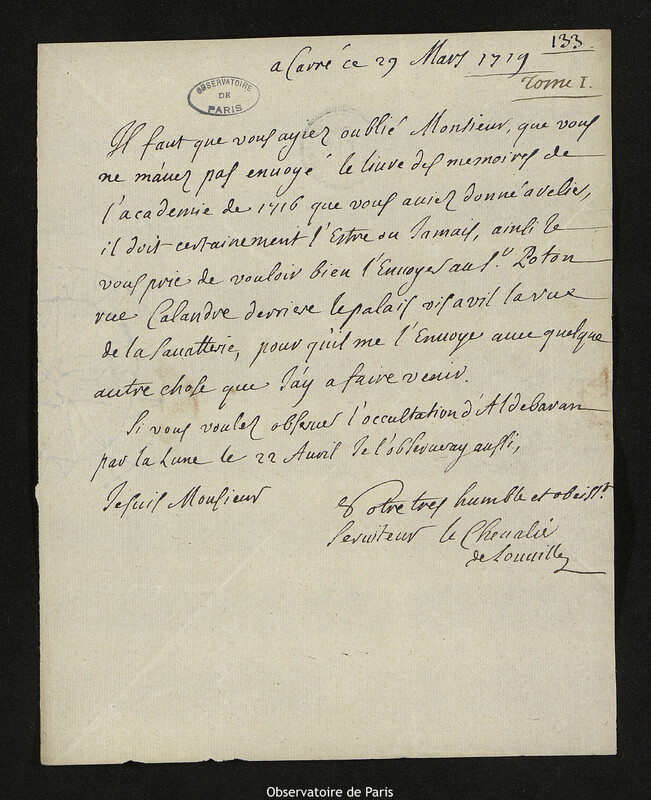 Lettre de Jacques d'Allonville de Louville à Joseph-Nicolas Delisle, Lieu-dit Le Clos du Petit Carré, 29 mars 1719