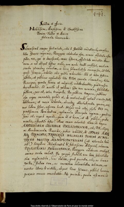 Lettre de Valentin Thilo à Jan Heweliusz, Kaliningrad, 1er mars 1655