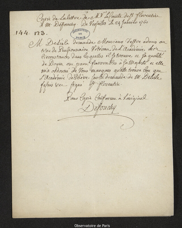 Lettre de Jean-Paul Grandjean de Fouchy à Louis Phélypeaux, comte de Saint-Florentin, Versailles, 24 janvier 1761