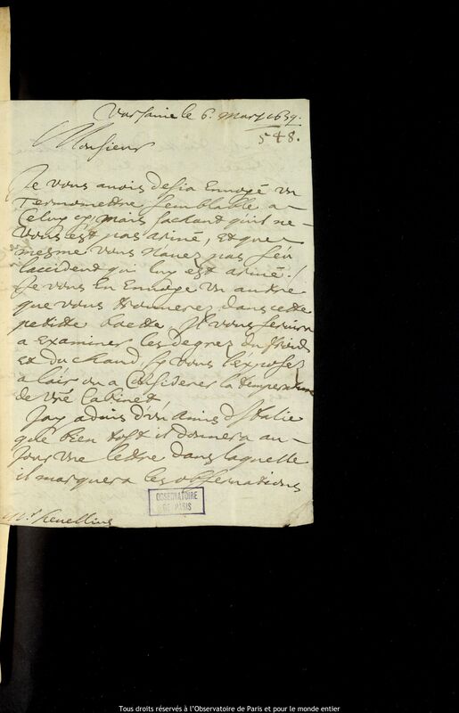 Lettre de Pierre Des Noyers à Jan Heweliusz, Varsovie, 6 mars 1659