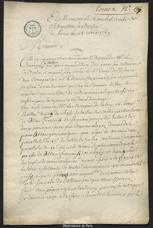 Lettre de Joseph-Nicolas Delisle à comte Samuel de Schmettau, Paris, 28 mars 1749