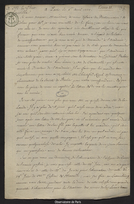 Lettre de Joseph-Nicolas Delisle à Jacques d'Allonville de Louville, Paris, 6 avril 1722