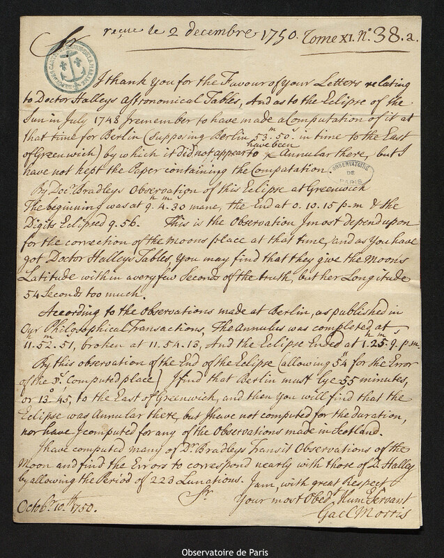 Lettre de Gaël Morris à Joseph-Nicolas Delisle, 10 octobre 1750