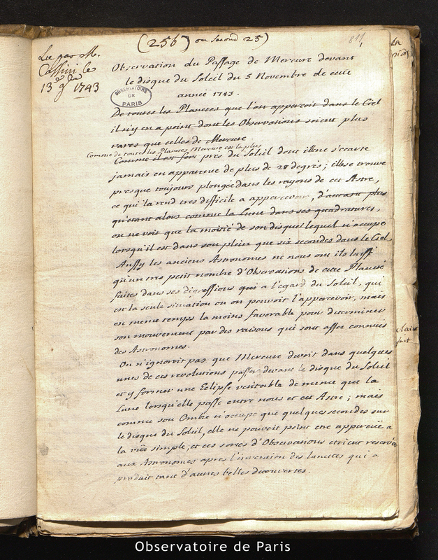 CASSINI II. Observations du passage de Mercure devant le disque du Soleil du 5 novembre de cette année 1743