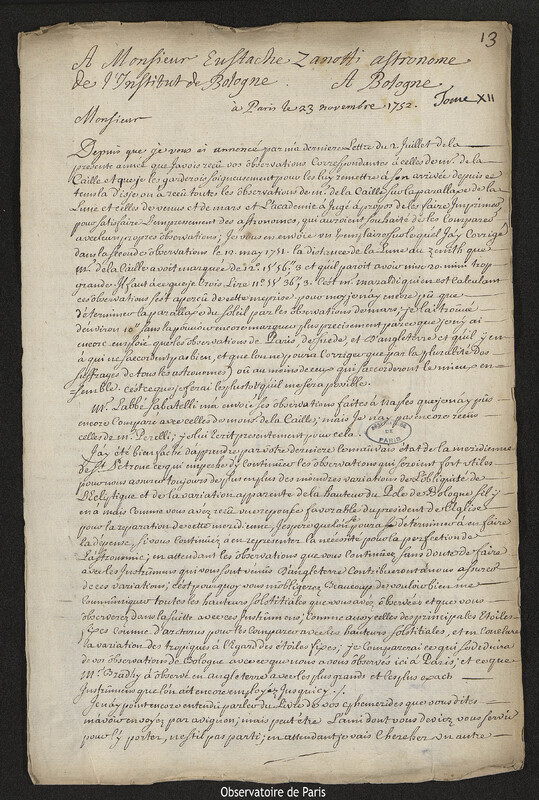 Lettre de Joseph-Nicolas Delisle à Eustachio Zanotti, Paris, 23 novembre 1752