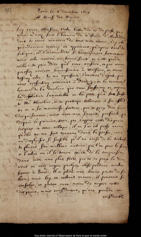 Lettre d'Ismaël Boulliau à Pierre Des Noyers, Paris, 8 décembre 1679