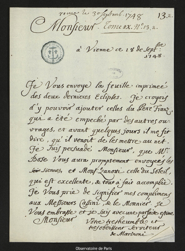 Lettre de Giovanni Giacomo Marinoni à Joseph-Nicolas Delisle, Vienne, 18 septembre 1748