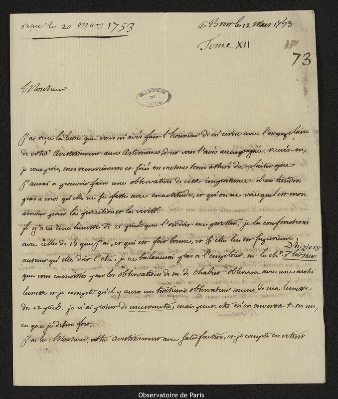 Lettre de Gabriel de Bory à Joseph-Nicolas Delisle, Brest, 12 mars 1753