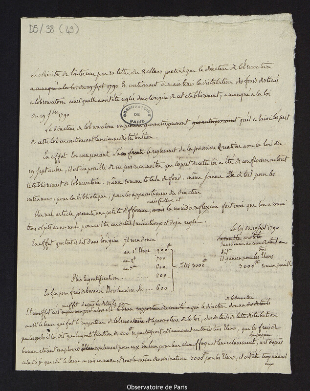 Note sur le désaccord opposant Cassini IV, directeur de l'Observatoire, et Dominique-Joseph Garat, ministre de l'Intérieur