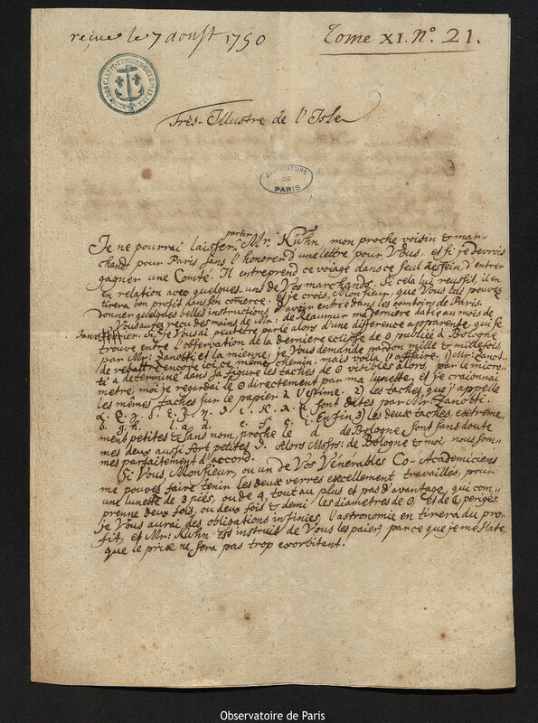 Lettre de Georg Matthias Bose à Joseph-Nicolas Delisle, Wittenberg, 9 avril 1749