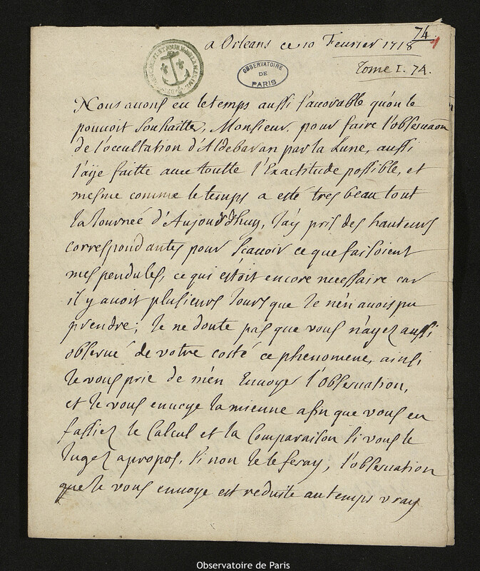 Lettre de Jacques d'Allonville de Louville à Joseph-Nicolas Delisle, Orléans, 10 février 1718