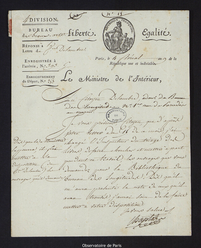 Lettre de Jean-Antoine Chaptal, Ministre de l'Intérieur au citoyen Delambre, adm. Du Bureau des Longitudes n°1 du Paradis au Marais, le 24 avril 1801