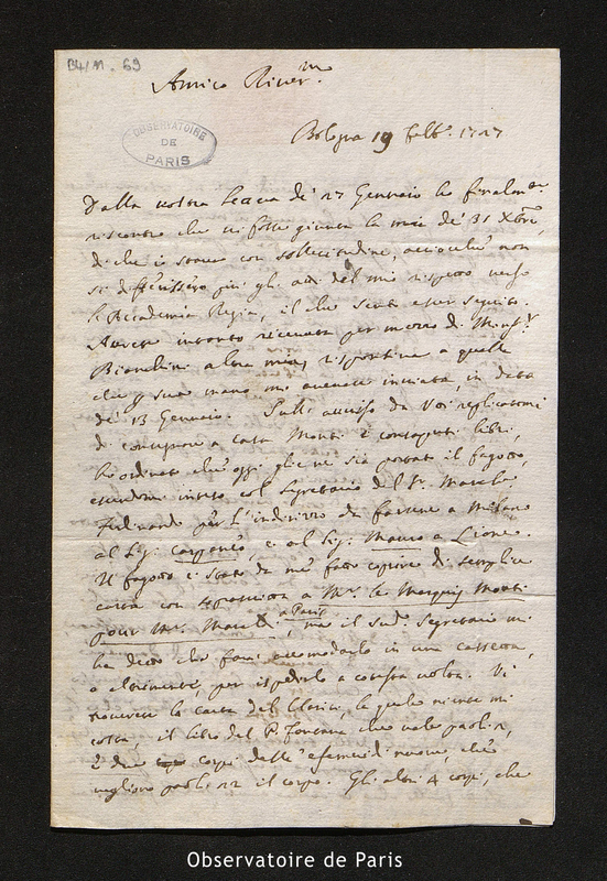 Lettre de Manfredi à Maraldi, Bologne le 19 février 1727