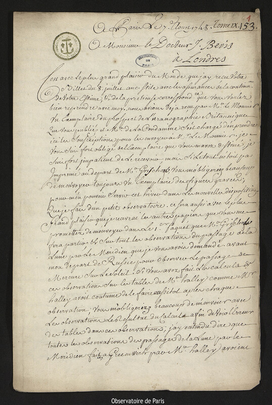 Lettre de Joseph-Nicolas Delisle à Jean Bevis, Paris, 7 août 1748