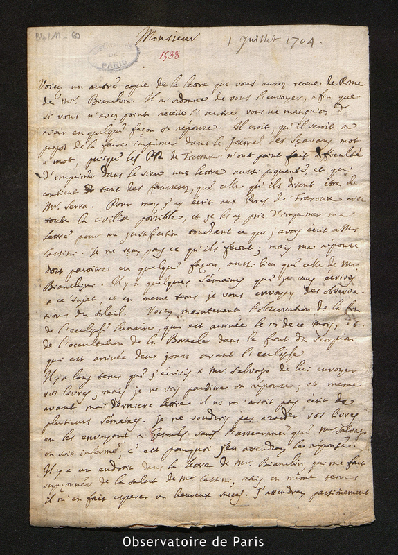 Lettre de Manfredi à [Maraldi], le 1er juillet 1704