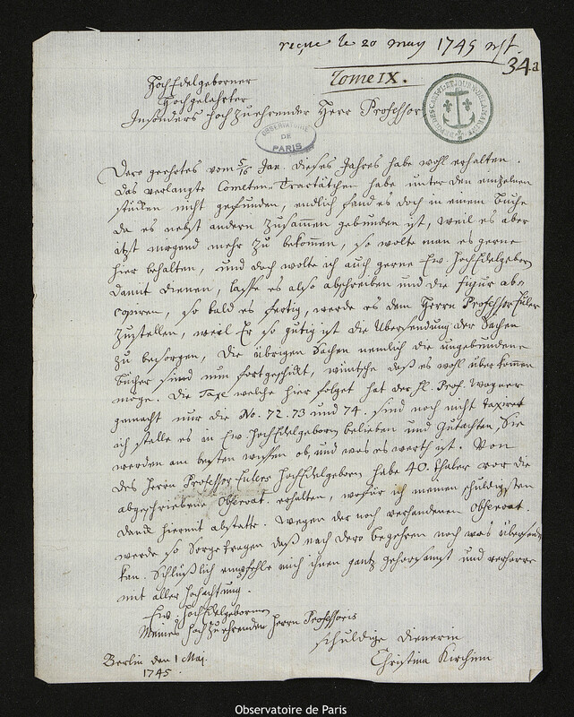 Lettre de Christine Kirch à Joseph-Nicolas Delisle, Berlin, 1 mai 1745