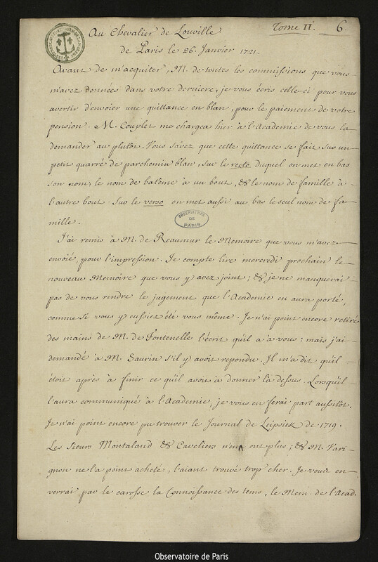 Lettre de Joseph-Nicolas Delisle à Jacques d'Allonville de Louville, Paris, 26 janvier 1721