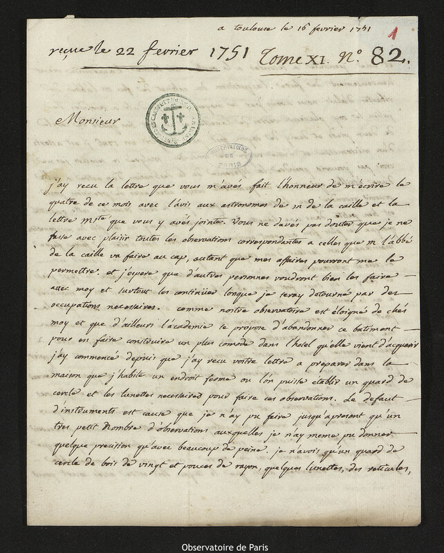 Lettre de François-Philippe-Antoine Garipuy à Joseph-Nicolas Delisle, Toulouse, 16 février 1751