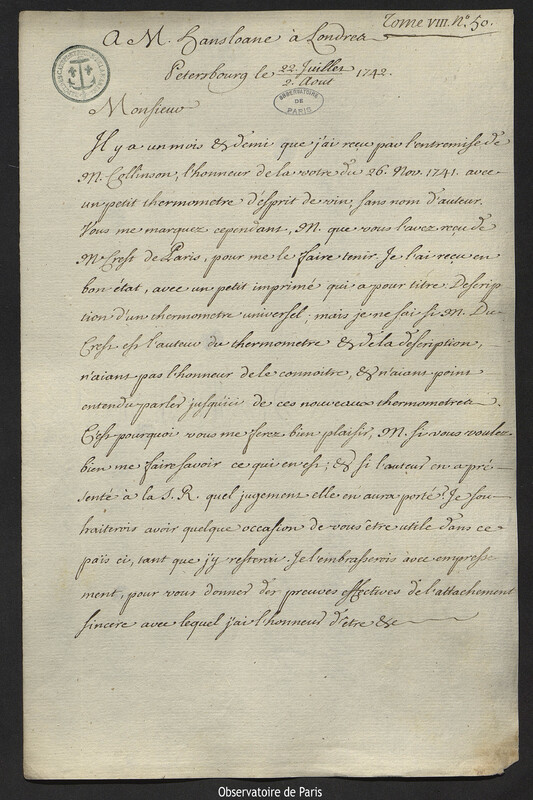 Lettre de Joseph-Nicolas Delisle à Sir Hans Sloane, Saint-Pétersbourg,2 août 1742