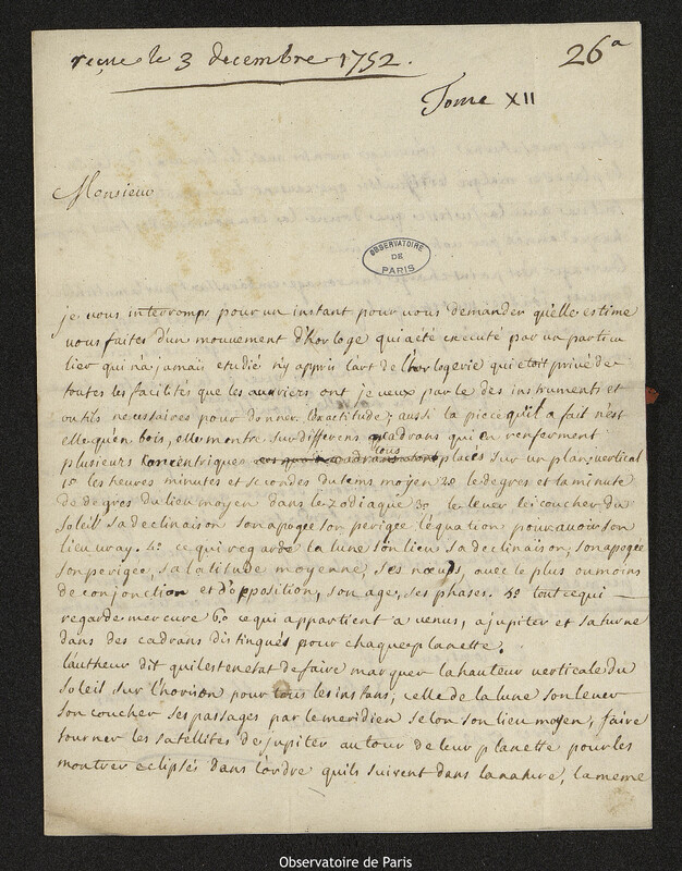 Lettre de A. Credo à Joseph-Nicolas Delisle, Bellevue près de Nancy, 30 novembre 1752