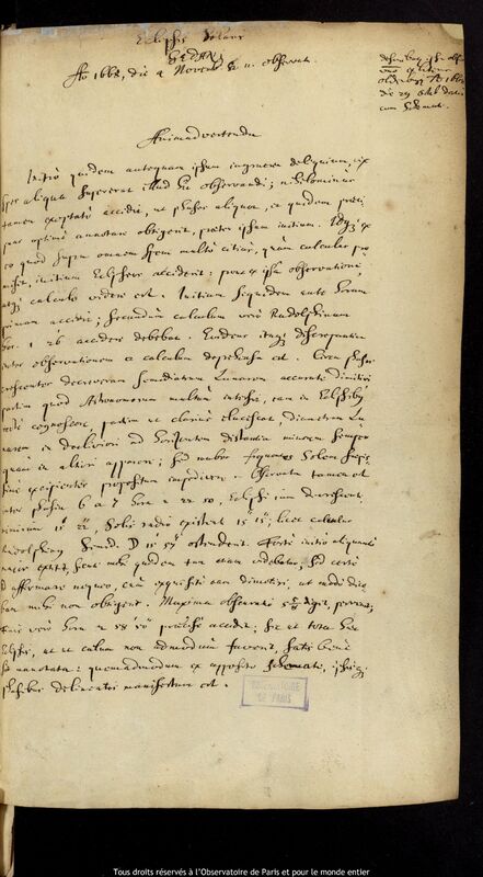 Texte manuscrit de Jan Heweliusz, Gdansk, 4 novembre 1668