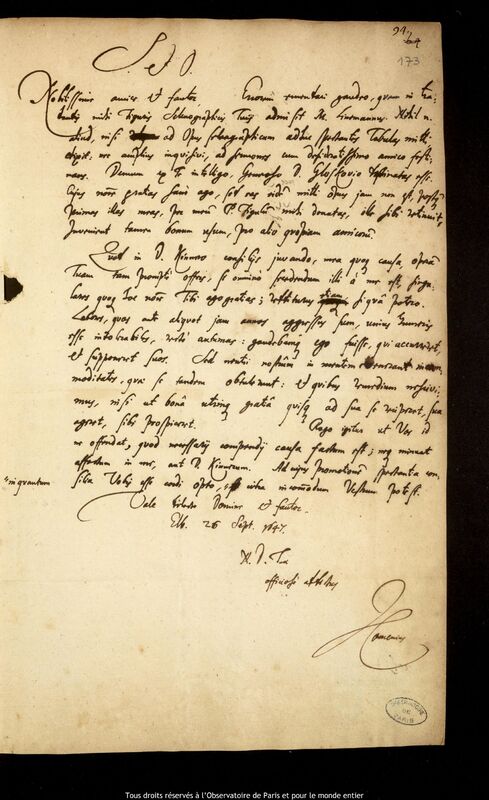 Lettre de Jan Amos Comenius à Jan Heweliusz, Elblag, 26 septembre 1647