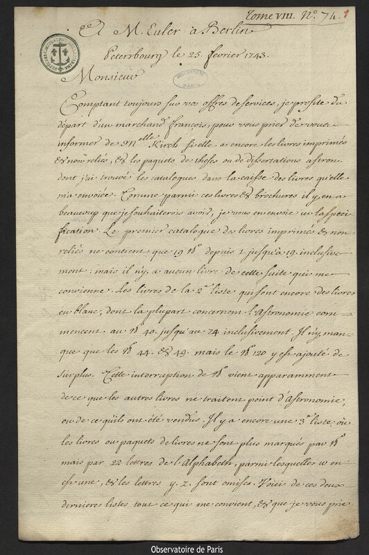 Lettre de Joseph-Nicolas Delisle à Leonhard Euler, Saint-Pétersbourg,25 février 1743