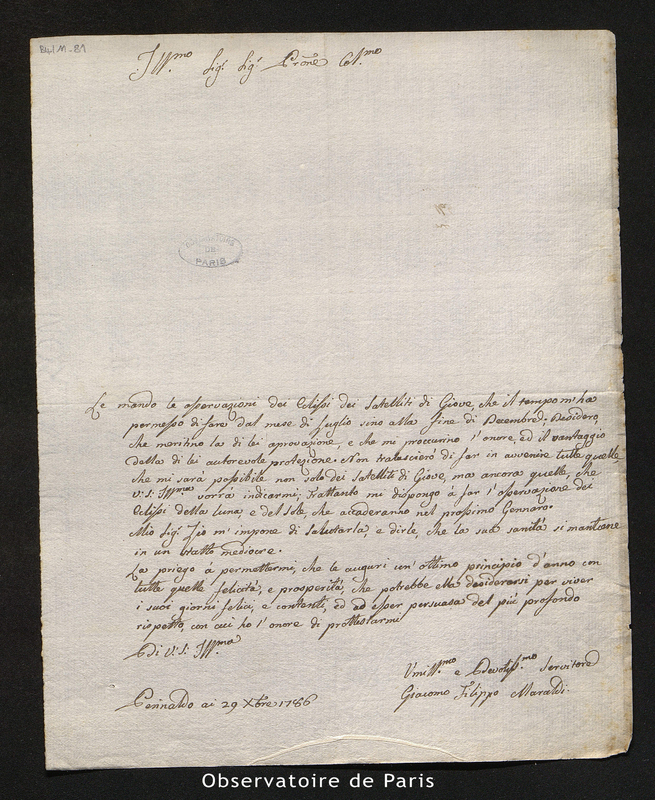 Lettre de Maraldi (Jacques Philippe), Maraldi I, Perinaldo le 29 décembre 1786