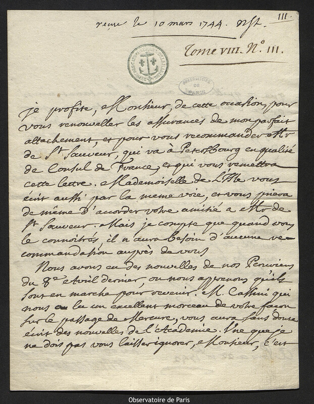 Lettre de Jean-Jacques Dortous de Mairan à Joseph-Nicolas Delisle, Paris, 22 décembre 1742