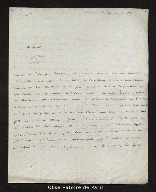 Lettre de Bernard à Cassini [III ou IV], Marseille le 20 août 1781