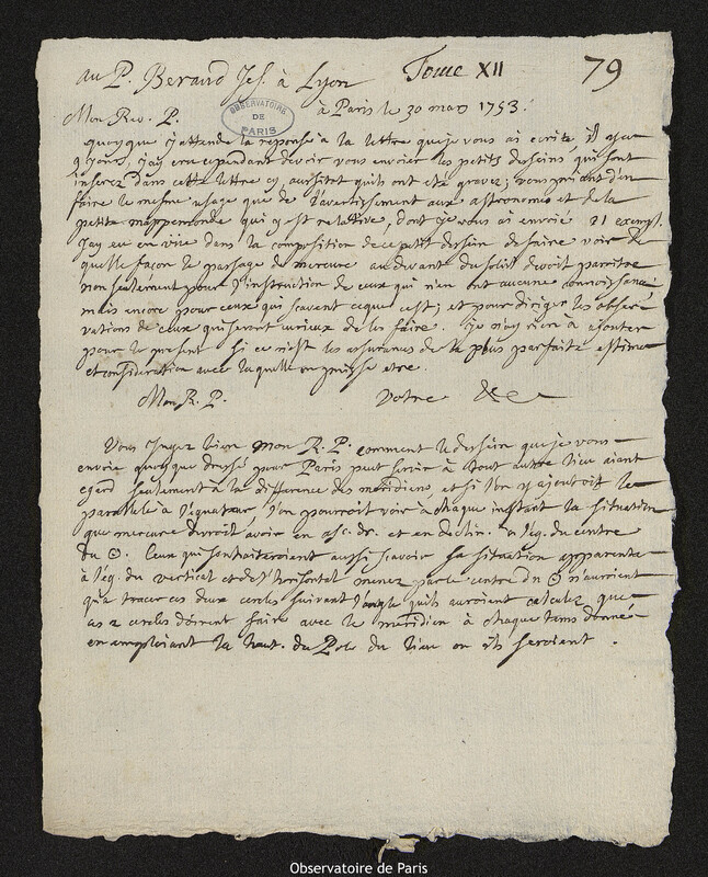 Lettre de Joseph-Nicolas Delisle à Laurent Béraud, Paris, 30 mars 1753