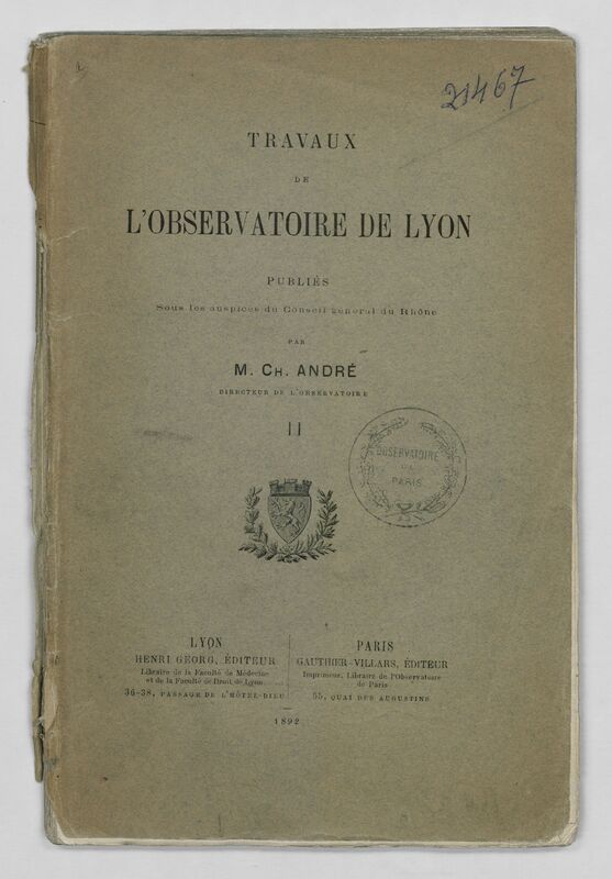 (1892) Travaux de l'Observatoire de Lyon