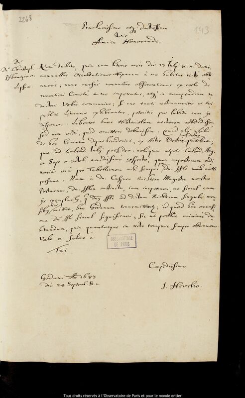 Lettre de Jan Heweliusz à Christoph Pfautz, Gdansk, 24 septembre 1683