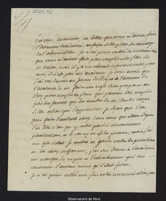 Copie d'une lettre de Charles de la Billarderie, comte d'Angiviller, à Cassini IV, le 7 mars 1783