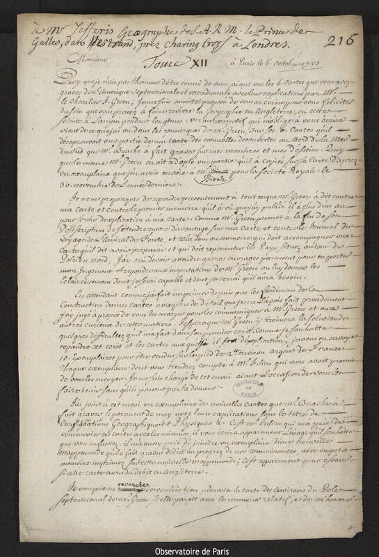 Lettre de Joseph-Nicolas Delisle à Thomas Jefferys, Paris, 6 octobre 1753