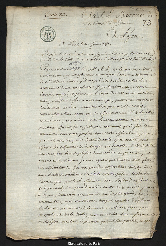 Lettre de Joseph-Nicolas Delisle à Laurent Béraud, Paris, 11 février 1751