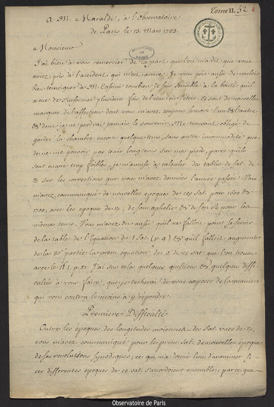 Lettre de Joseph-Nicolas Delisle à Jacques Philippe Maraldi, Paris, 13 mars 1723