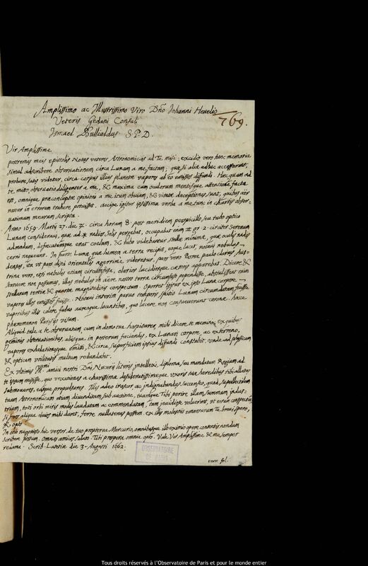 Lettre d'Ismaël Boulliau à Jan Heweliusz, Paris, 3 août 1662