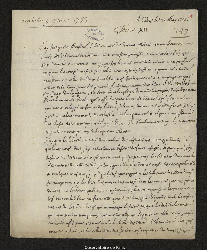 Lettre de Louis Godin à Joseph-Nicolas Delisle, Cadix, 22 mai 1753