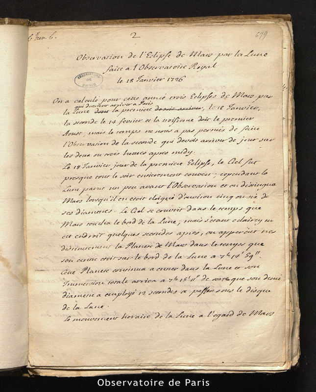 CASSINI II. Observations de l'éclipse de Mars par la Lune faite à l'Observatoire Royal le 18 janvier 1726