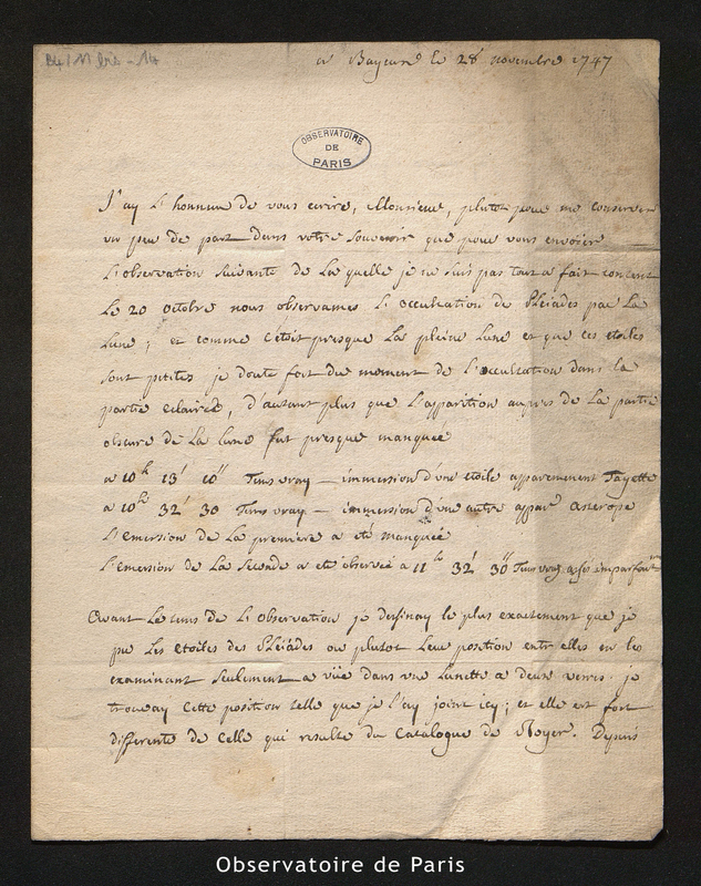 Lettre d'Outhier à Le Monnier, Bayeux le 28 novembre 1747