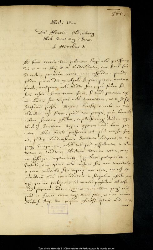 Lettre de Jan Heweliusz à Henry Oldenburg, Gdansk, 10 septembre 1664