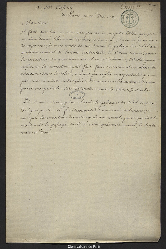 Lettre de Joseph-Nicolas Delisle à Jacques Cassini, Paris, 12 décembre 1723