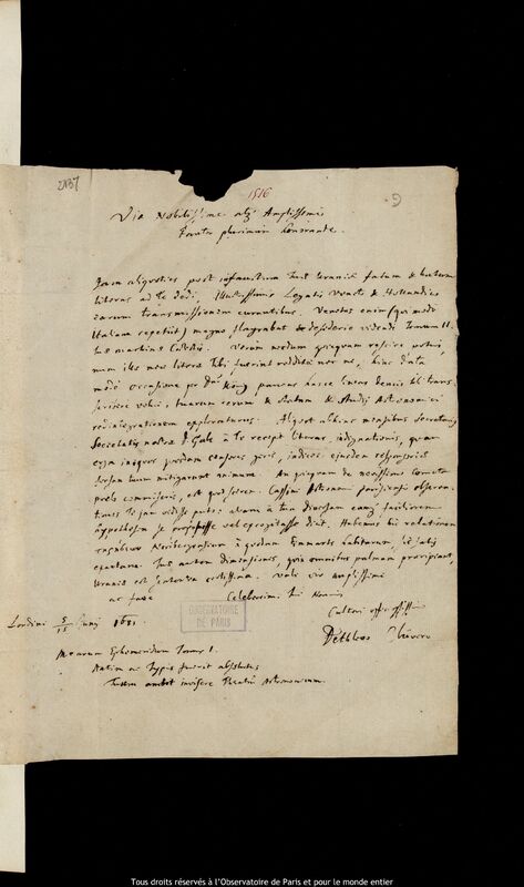 Lettre de Detlev Clüver à Jan Heweliusz, Londres, 5 juin 1681