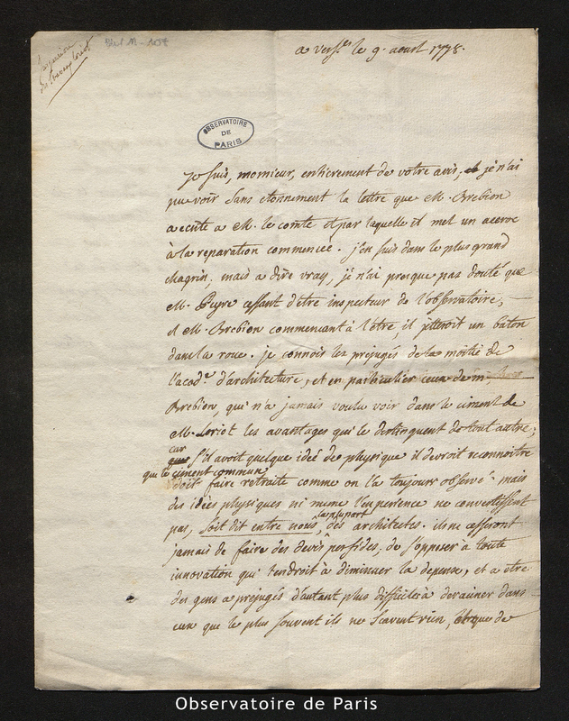 Lettre de Montucla, premier commis des bâtiments du Roi à Cassini [III ou IV], Versailles le 9 août 1778