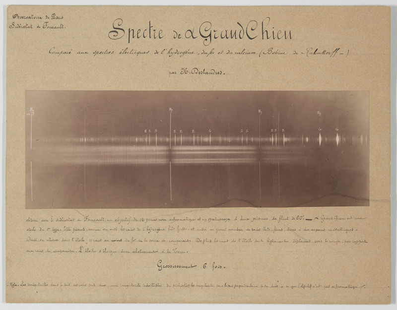 Spectre de α Grand Chien, comparé aux spectres électriques de l’hydrogène, du fer et du calcium [bobine de Ruhmkorff], par H. Deslandres ; obtenue avec le sidérostat de Foucault, un objectif de 12 pouces non achromatique et un spectroscope à deux prismes de flint de 60° (…). Grossissement 6 fois (titre original)