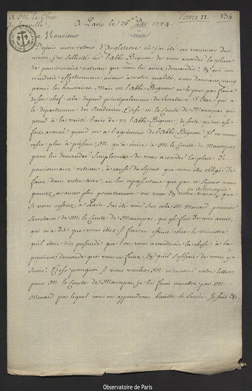 Lettre de Joseph-Nicolas Delisle à Jacques d'Allonville de Louville, Paris, 26 décembre 1724