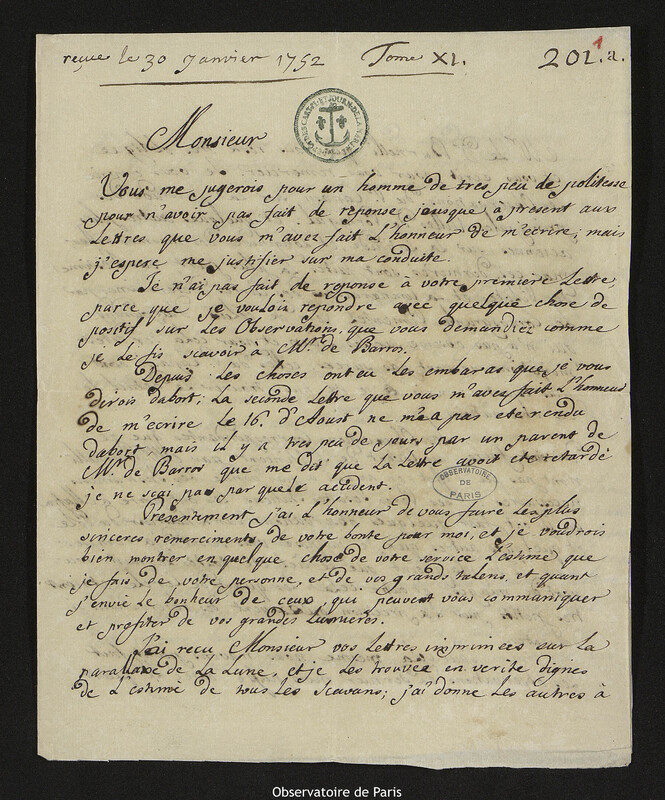 Lettre de Jean Chevalier à Joseph-Nicolas Delisle, Lisbonne, 10 janvier 1752